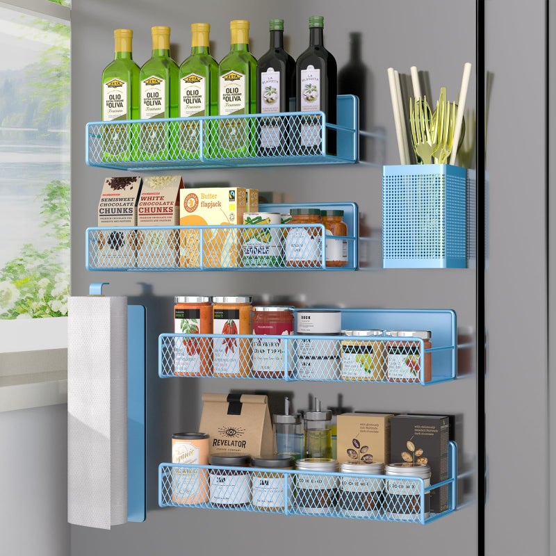 DTUQYX Magnetic Spice Rack for Refrigerator  6 Pack Metal Magnetic Shelf Blue  Moveable Spice Organizer  Strong Magnetic Storage Fridge Organizer with Paper Towel Holder  Utensils Holder - Image 1